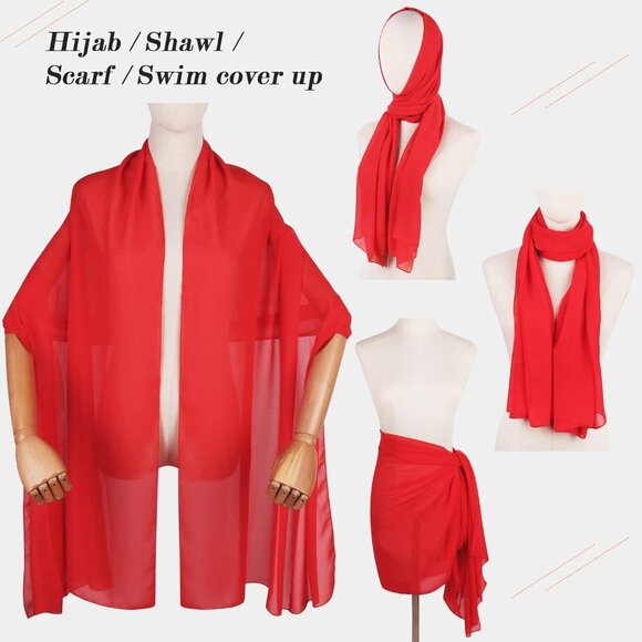 Women Red Elegant Soft Sheer Chiffon Stole Bride Wedding Shawls and Wraps - Picture 5 of 7
